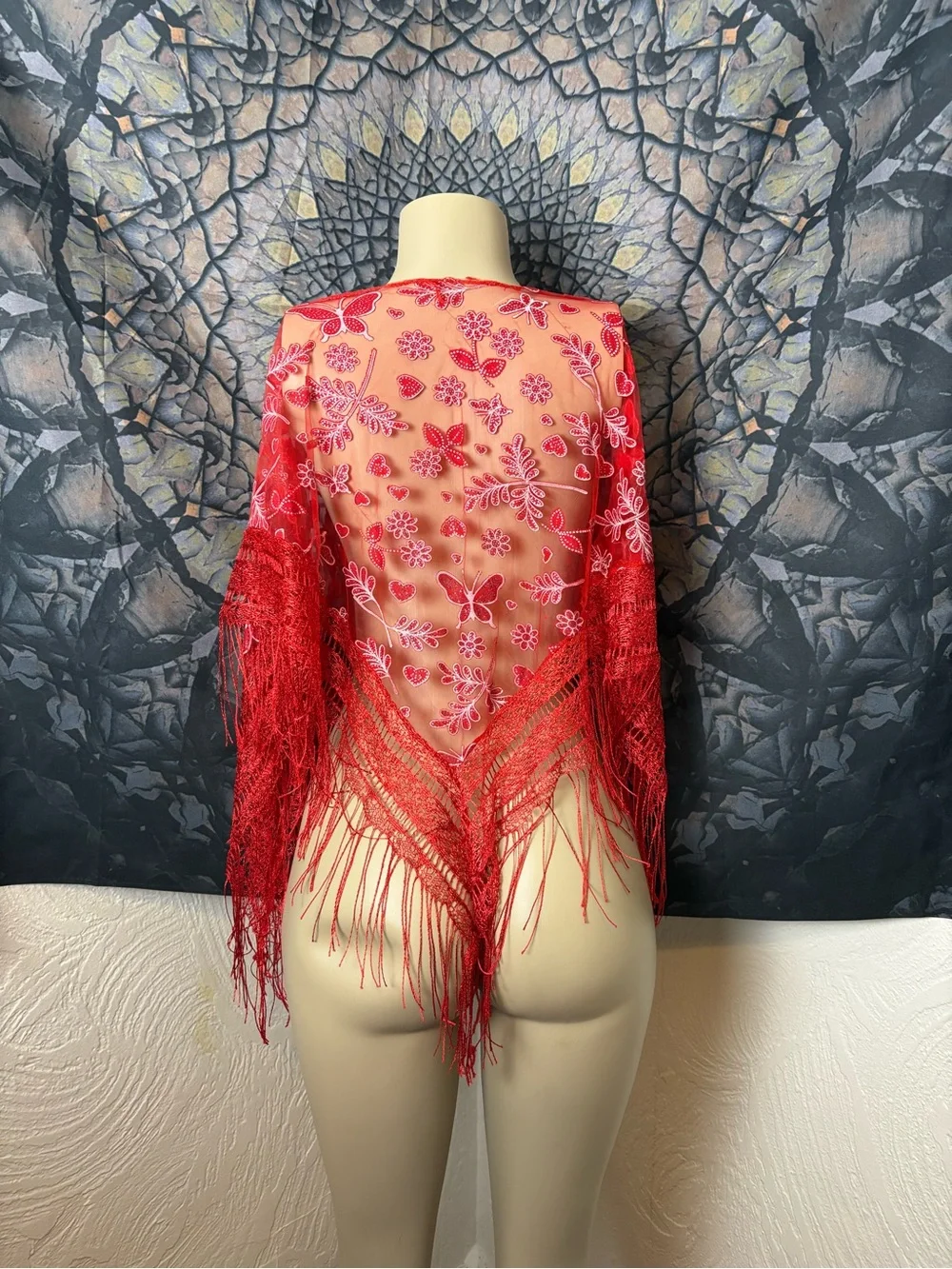 Red Embroidered Fringe Shawl / Scarf Wrap